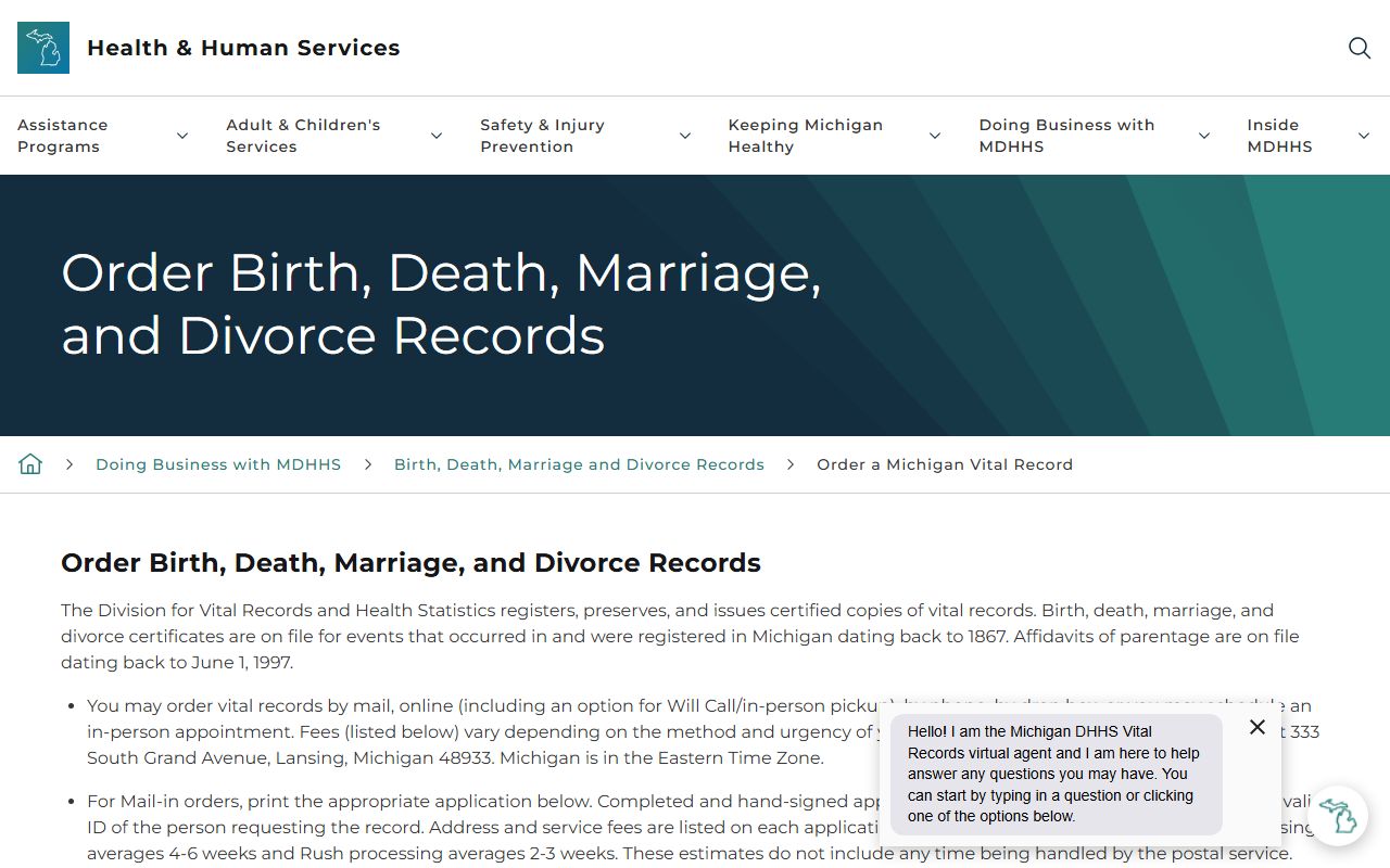 Branch County vital record ordering options through the Michigan health department