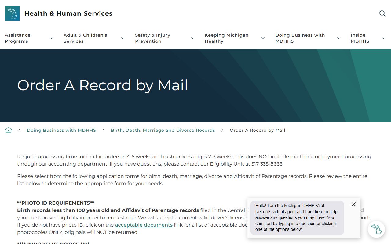 Branch County vital record mail order instructions from the Michigan health department