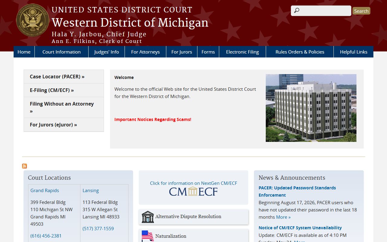 Branch County federal court dockets in the Western District of Michigan