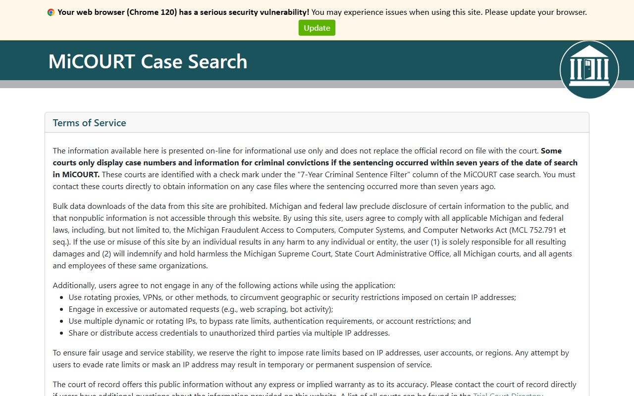 Branch County court records search on the MiCOURT case search portal