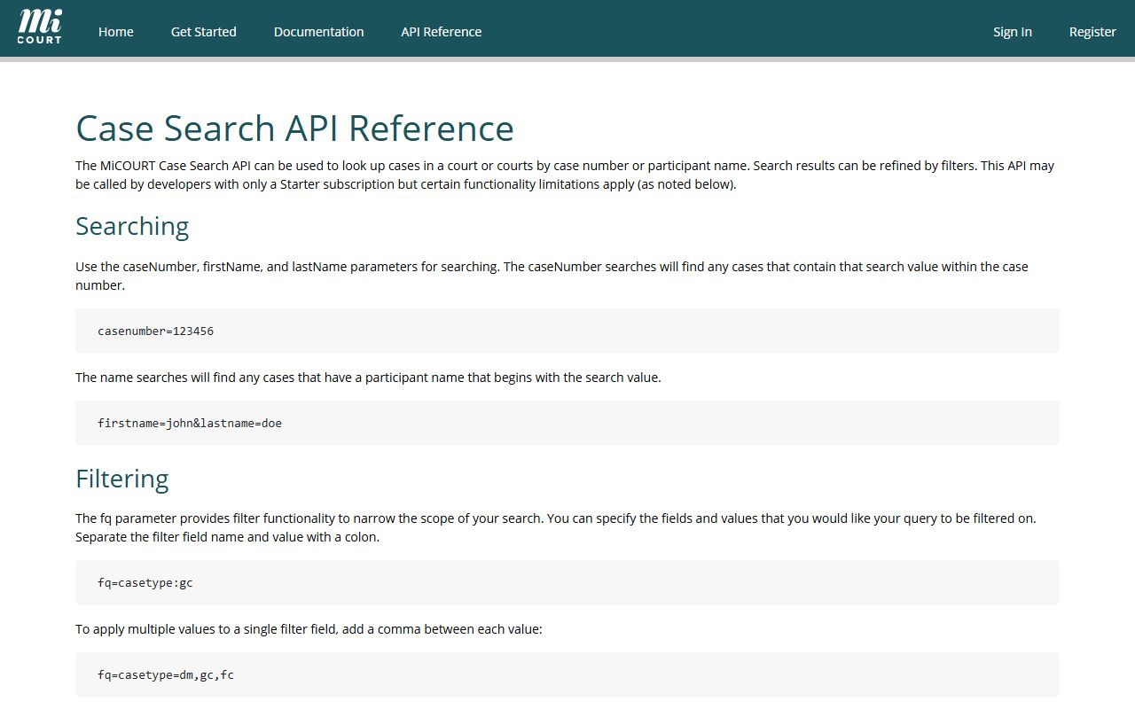 Branch County court records search fields in the MiCOURT case search API reference