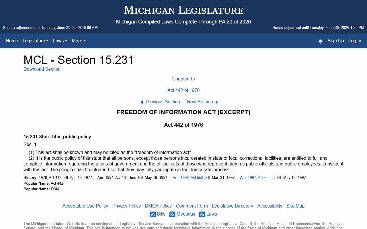 Branch County court records public access under the Michigan FOIA statute MCL 15.231