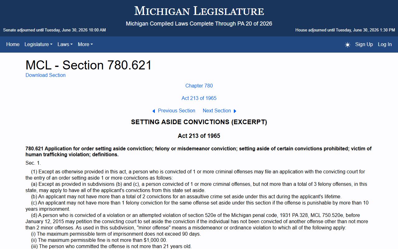 Branch County criminal court records set-aside statute for expungement under Michigan law