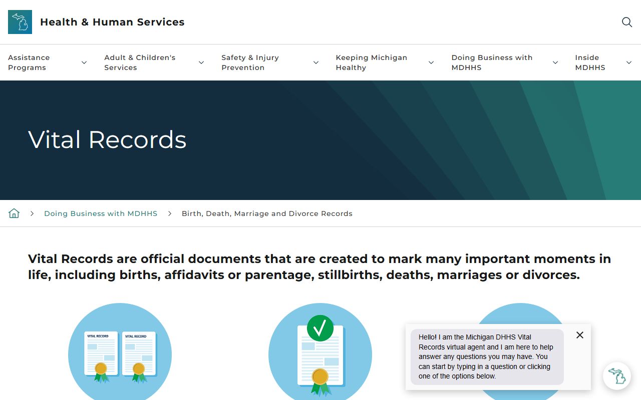 Branch County divorce records ordering through the Michigan vital records office