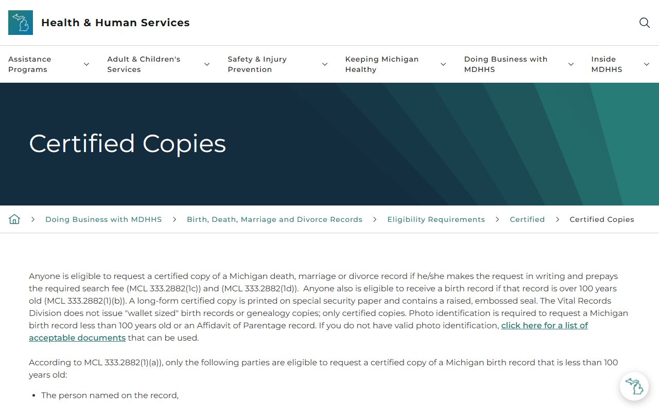 Branch County marriage records certified copy eligibility rules from Michigan vital records